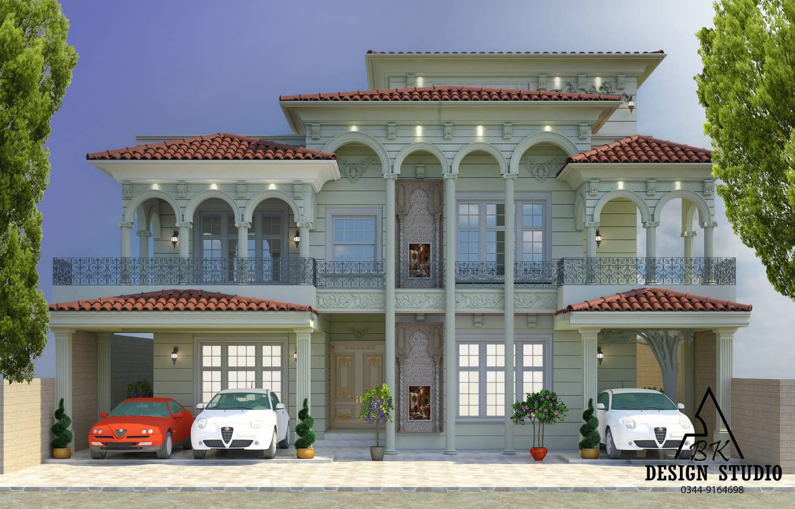 Angled view of the classical villa showing the arcaded wings and tiled roof planes