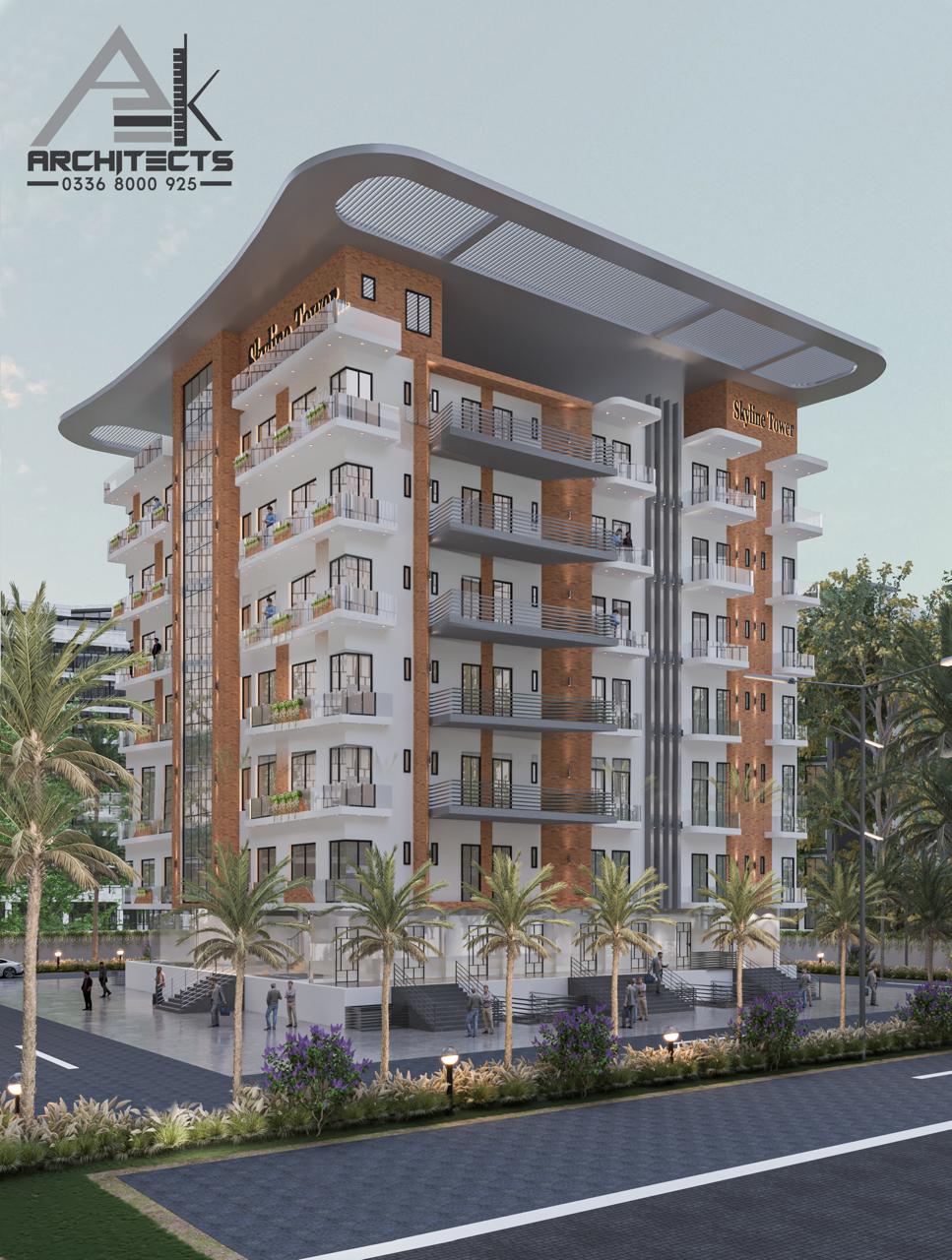 Corner view of Skyline Tower showing the curved roof canopy and stacked balconies